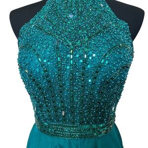 Sherri Hill Teal Emerald Green Beaded Prom Dress